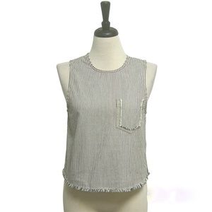 T Alexander Wang Ivory Midnight Navy Stripe Sleeveless Frayed Hem Cotton Top 8